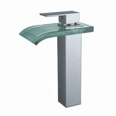 China Cheap Azeta Chrome Bathroom Faucet Waterfall Spout Modern Square Glass Single Handle Copper Brass Sink Bathroom Faucet for sale