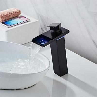 China Modern Black Light Colorful Glow Handle Temperature Waterfall LED Single Bathroom Water Faucet for sale