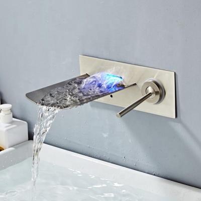 China Bathroom Modern Colorful Hydraulic Action Waterfall Wall Mount Glow Sink Brass Water Faucet LED for sale