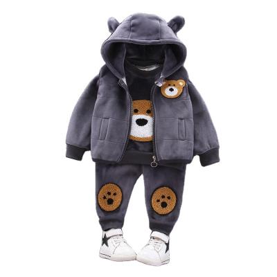 China Anti-wrinkle winter children's wear cheap little bear pattern hooded cotton set boys and girls high quality three piece children's clothing for sale