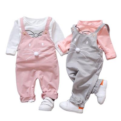 China anti-wrinkle fast shipping spring newborn girl set cartoon strap kids wear two-piece set for 0-4 years tracksuit sports set for sale