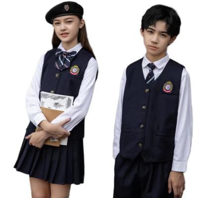 China Cozy School Uniforms Middle School Students Suit Navy Blue Vest Uniform Set for sale