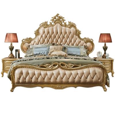 China luxury upholstered wholesale price Hand-carved leather antique flowers fancy wood bedroom furniture leather hand-carved flowers king queen size bed for sale