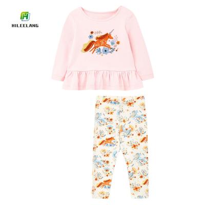 China Casual Toddler Girls Ruffles Cotton Clothes Costume Kids Long Sleeve Blank Shirt And Print Legging Sets for sale