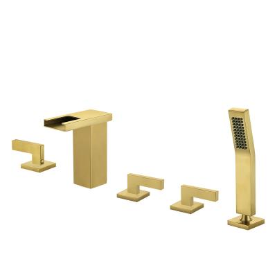 China Without Slide Bar Deck Mounted Brass Gold and Cold Bathtub Faucet Mixer Waterfall Hot Mixing Water Faucet for sale