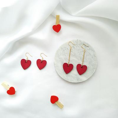 China Peach TRENDY heart love Korean version Korean jewelry fashion red wooden earrings 925 hook earrings for sale