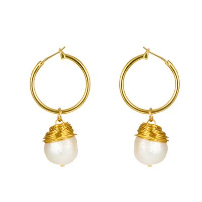 China Simple Fashion Jewelry Gold Ring Earrings Hand Wound Natural Bread Freshwater Pearl Dangle Earrings for sale