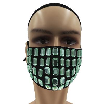 China 2020 Breathable Designer Mask Cotton Face Mask With Bling Light Green Rhinestone Reusable Mask For Halloween Christmas Dance Party for sale