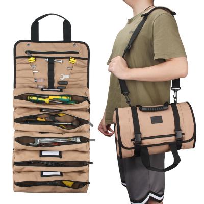 China Custom Heavy Duty Multifuction Tool Bags Canvas Roll Up Holster Brown For Electrician With Clear Window Tool Bag for sale