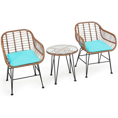 China Full alu.set With Comfortable Table Armchair Set Bistro Rattan Patio Cushion 3PCS Outdoor Furniture Set Outdoor Wicker Conversation Set for sale