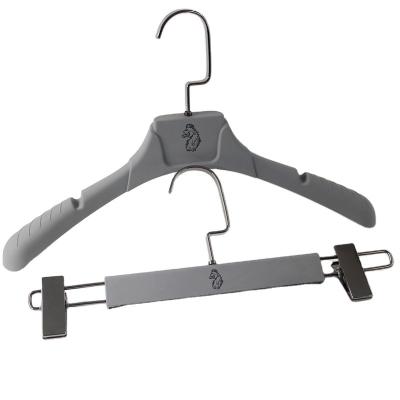 China Rubber coated on hanger new style gray plastic coat hanger and pants hanger with metal clips for lady clothes for sale