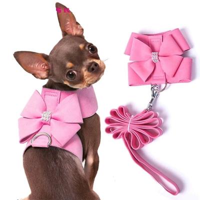 China Sustainable dog vest harness and leash set for small medium dogs, beautiful bow suede harness with rhinestones, chihuahua puppy pink belt for sale