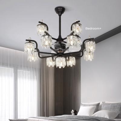 China Modern Luxury Hotel Blade Fancy Hidden Clear Ceiling Fan Crystal Chandelier Retractable Ceiling Fans with Lamps for sale