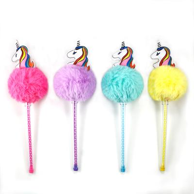 China office & Cute plush unicorn pom pom shape plush toy plush cute fur plush toy animal kawaii novelty candy pen plastic color school kid gift top ballpoint pen for sale