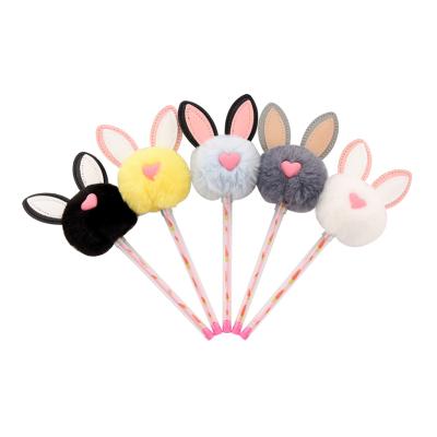 China office & Cute Fluffy Pom Rabbit Fur Rabbit Ears Plush Animal Ballpoint Pen Novelty Hot Sales Kawaii School Stationery for sale