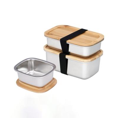 China Wholesale Heatable Heatable Food Storage Container Stainless Steel Kitchen Food Container Airtight Snack Bowl With Wooden Lid for sale