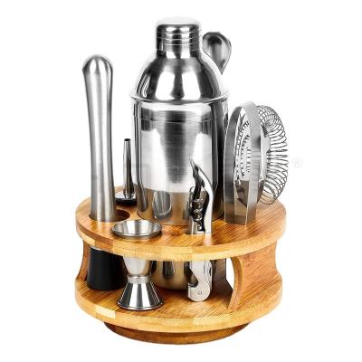 China Viable Wholesale Low Price Bamboo Cocktail Shaker Set Bartender Stand Kit 10 Pieces for sale