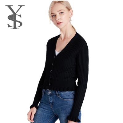 China Korean Anti-shrinkage Short Black Cardigan Woman Sweater, Ruffle Sweater Korean Women for sale