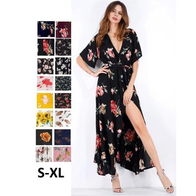 China 2020 Anti-wrinkle fashion chic sexy belt European long flower printing casual elegant clothes summer dresses women for sale