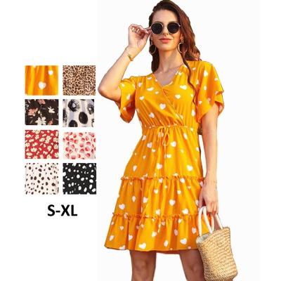 China Anti-Wrinkle Summer Floral Midi Female Ruffle Dresses Elegant Chiffon New Style Knee Length Women Sexy Casual Outfits for sale