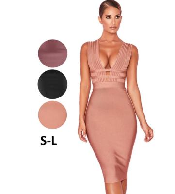 China Sexy Sleeveless Mini Stretch Pink Bandage Ladies Bodycon Dress Deep V Neckline Anti-Wrinkle for sale