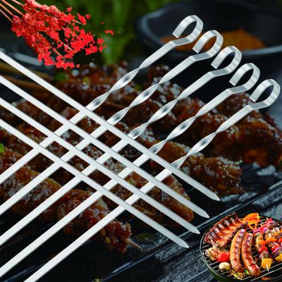 China Outdoor 10 Pieces Dustproof Large Flat Stick Stainless Steel Wire Bag Cloth BBQ Lamb Skewers GRILL Needle BBQ Skewers for sale