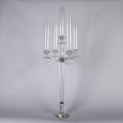 China Event Party Supplies Cheap 5AM Tall Glass Tube Candle Holders Black Crystal Candelabra 110 Wedding Centerpieces With Cover Shade Wholesale for sale