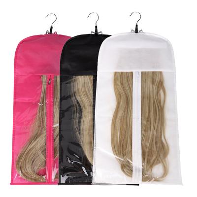 China Foldable And Dustproof Customize Women Wig Tote Bag Non Woven PVC Window Hair Extension Storage Packaging Bag With Hanger for sale