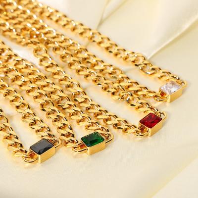 China Casual 18k/Sporty Gold Plated Polished Stainless Steel Jewelry Rectangle Colorful Zircon Chokers Hexagon Cuban Chain Necklace For Women for sale