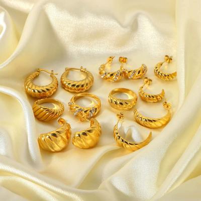 China TRENDY 18K Gold Plated CZ Stone Jewelry Sets For Women Chunky Crossiant Finger Rings Statement Zircon Stainless Steel Hoop Earrings for sale