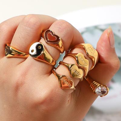 China Punk Engraved Initial Word Rings Stainless Steel Jewelry Riches Grumble Iconic Titanium Steel Heart Poppin 18K Gold PVD Letter Ring for sale