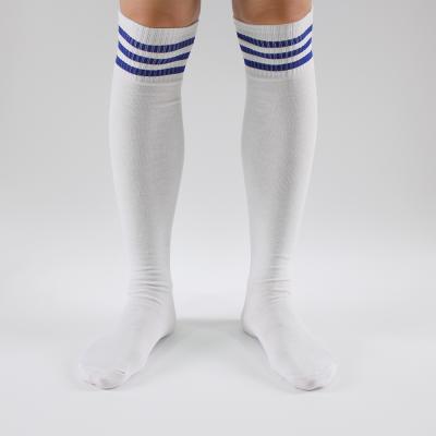 China Antibacterial White Striped Cotton Football Knee High Socks Football for sale