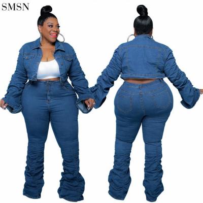 China Autumn Casual Plus Size Women 2021 Oversized Denim Jacket Stacked Jeans Pants Stylish High Quality Breathable Two Piece Set for sale