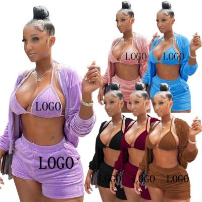 China 2021 Solid Color Velvet Hooded Coat QUICK DRY High Quality Halter Bra And Elastic Shorts Set Women Fall Clothing 3 Piece Jogger Set for sale