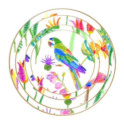 China Art Decor 2022 Summer Wedding Outdoor Decoration Bone China Gold Rim Luxury Bird and Flower Dish Set Dinnerware Dishes for sale