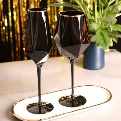 China Western Wholesale Black Rim Champagne Gold Diamond Tumbler Dinnerware Red Wine Colored Stemware Wine Glasses For Wedding Decor Rental for sale