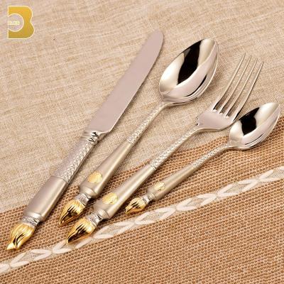 China Best viable selling luxury silver and gold details stainless steel cutlery, knife set stainless steel gold flatware fork cutlery set fo for sale