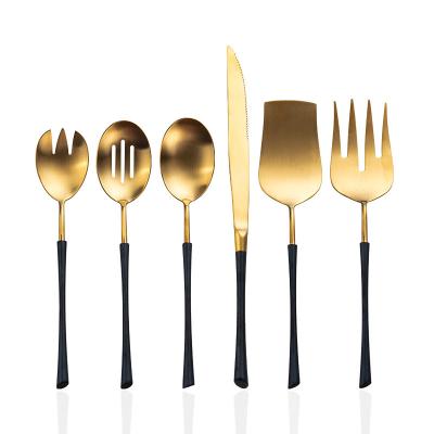 China Stocked 6 Pcs Set Matte Gold and Black Korean Flatware Set of Utensils for Seving, Stainless Steel Knife Fork Serving Spoon, Salad Fork for sale