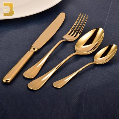 China Hot Sale 304 Gold Stocked Restaurant Stainless Steel Metal Spoon Fork Western Wedding Cutlery Set for sale