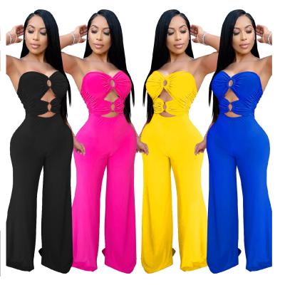 China BR619 Solid Color Breathable Stylish Strapless Backless Hollow Out Top Loose Tube Pants Overalls Women 2021 for sale