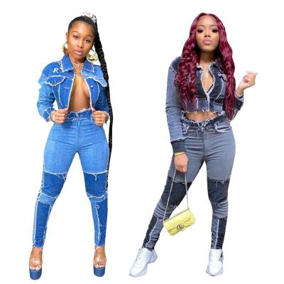 China BK070 2020 Autumn Women's Jeans QUICK DRY Clothing Set 2 Piece Set Denim Lattice And Jacket Set for sale