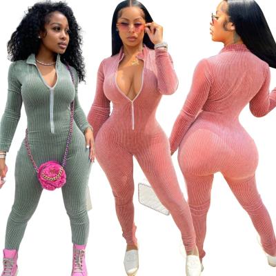 China BR1807 QUICK DRY Tortoise Neck Zipper Bodycon Drop Ribbed Deep Neck Womens Long Sleeve 2021 One Piece Jumpsuit for sale