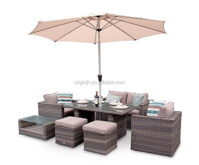 China Contemporary Many Functions Useful Garden 7 Piece Center Hole Rattan Sunshade Dining Outdoor Patio Furniture Set Rattan for sale