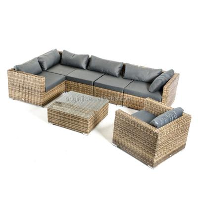 China Contemporary 6 Seat Round Rattan Tight-Weave Outdoor Glass Top Sectional Tea Table Sofa Set Sofa Set Luxury for sale