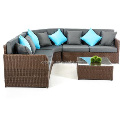 China Modern Stylish Clear Glass Brown Waterproof Table Top Half Round Outdoor Furniture L Shape Rattan Patio Sofa for sale