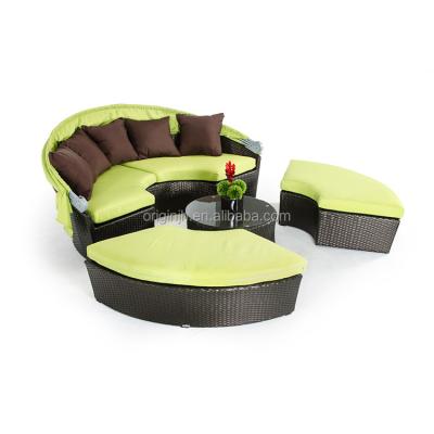 China Modern Garden Furniture 4 Pcs Round Tea Table Folding Canopy Two In One Outdoor Rattan Sun Lounger Sofa Set for sale