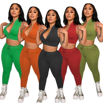 China 2022 Newest Style Solid Color Sweatsuits Two Piece Set QUICK DRY Casual Sleeveless Zippers Vest Set For Women for sale