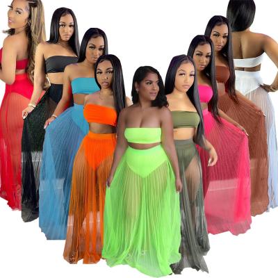 China New Mesh See Through Sexy Chest Crinkle QUICK DRY Wrap Strapless Gauze Women's Clothing Sexy Two Piece Set Nightclub for sale