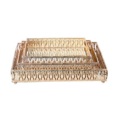 China Modern Model Tray Beautiful Shape Gold Inlay Mirror Metal+Glass Rectangle Metal Dish Plate Tray Set Gold Factory Hot Sales Viable for sale