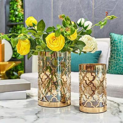 China Luxury Hotel Geometry Four Leaf Clover Vase Stainless Steel Light High End Cavity Geometric Hotel Glass Vase for sale